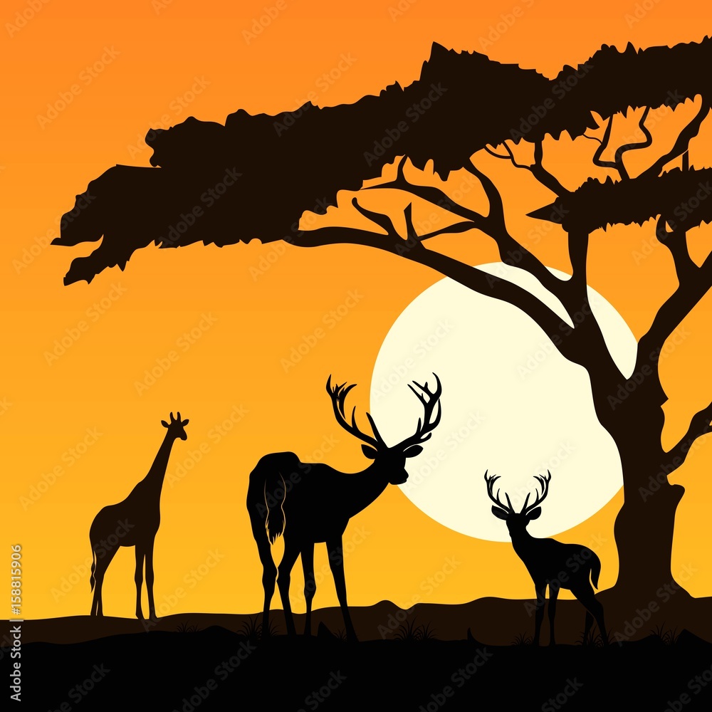 giraffe and deers silhouette