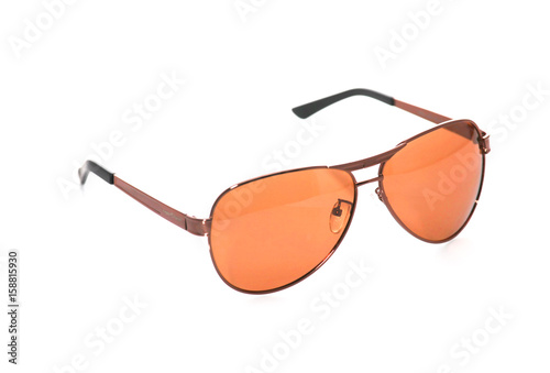 Polarized orange glasses,white background.