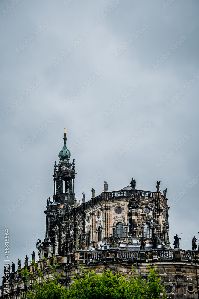 High spire and Gothic architecture of the ancient cathedral in Dresden