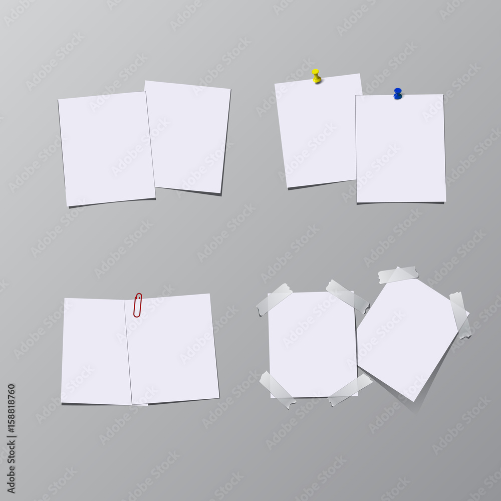Set of paper sheets with pin, adhesive tape and clip isolated on gray background. Set of paper sheets with pin, adhesive tape and clip isolated on gray background.
