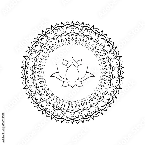 Hand drawn Lotus with mandala. Oriental ornaments for greeting card, invitation, yoga poster, coloring book.