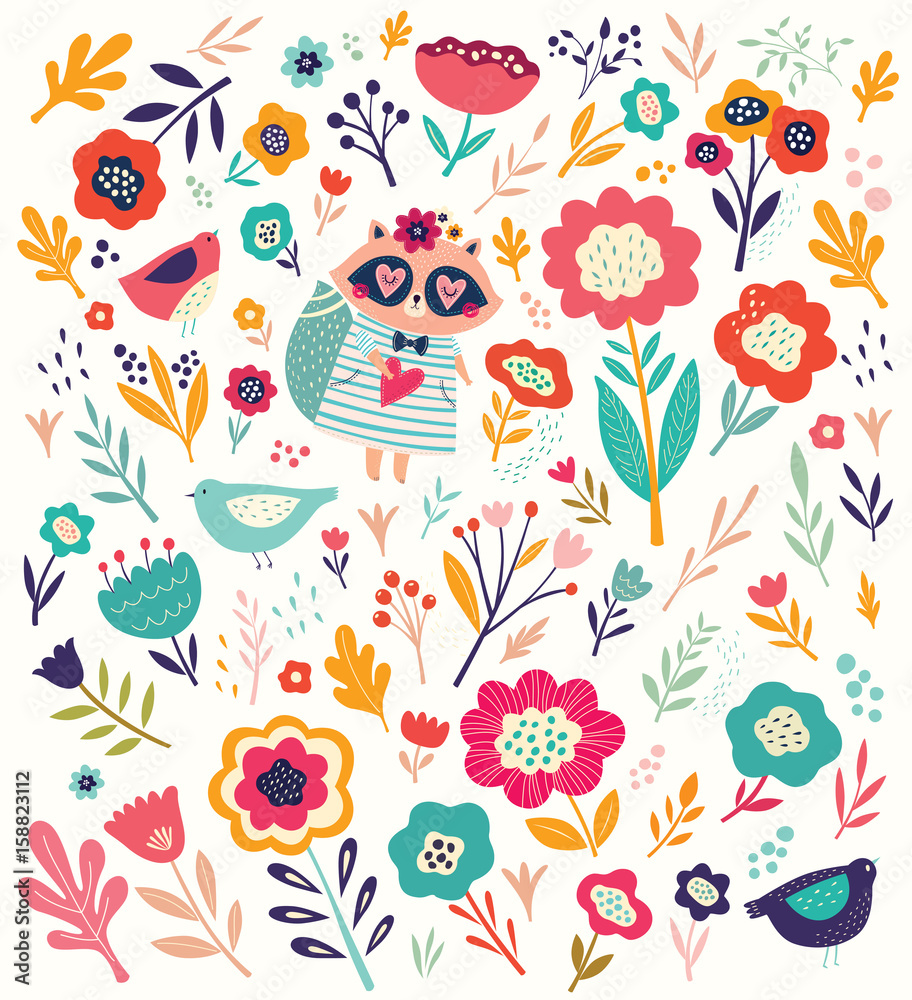 Pattern with cute raccoon and flowers