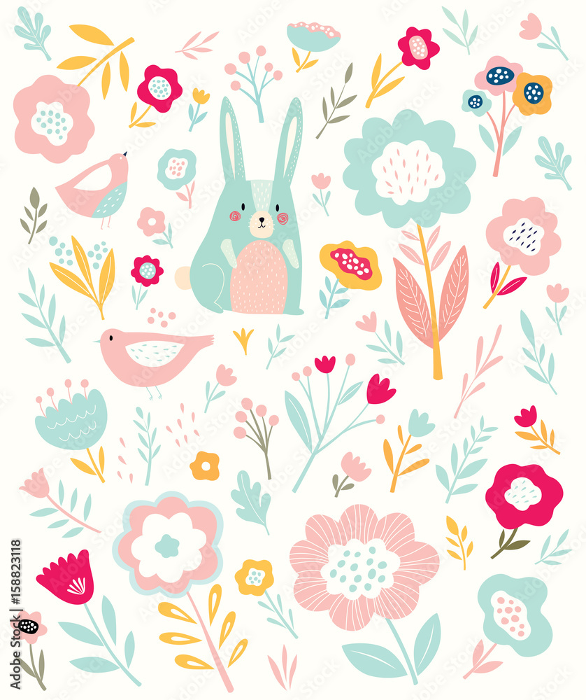 Pattern with little bunny and flowers