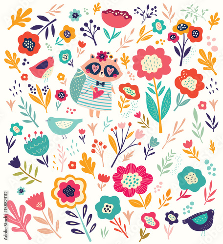 Pattern with cute raccoon and flowers