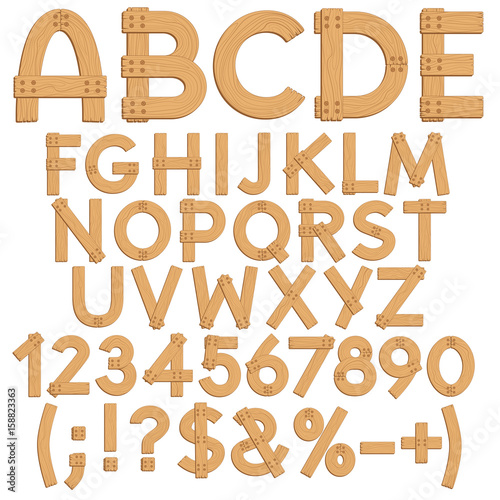 Alphabet, letters, numbers and signs from wooden boards. Isolated vector objects on white background.