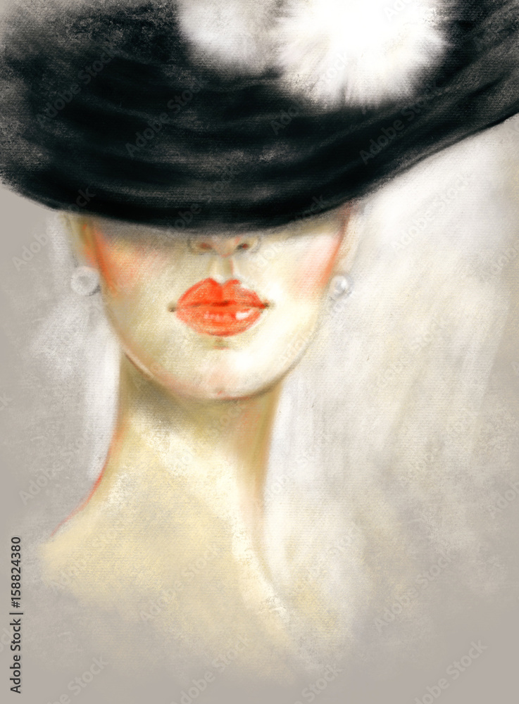 Beautiful woman with hat. Fashion illustration