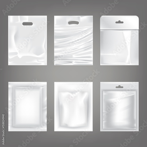 Set of vector illustrations of white plastic empty bags, packaging, isolated on a transparent background. Mock up template, layout for branded design