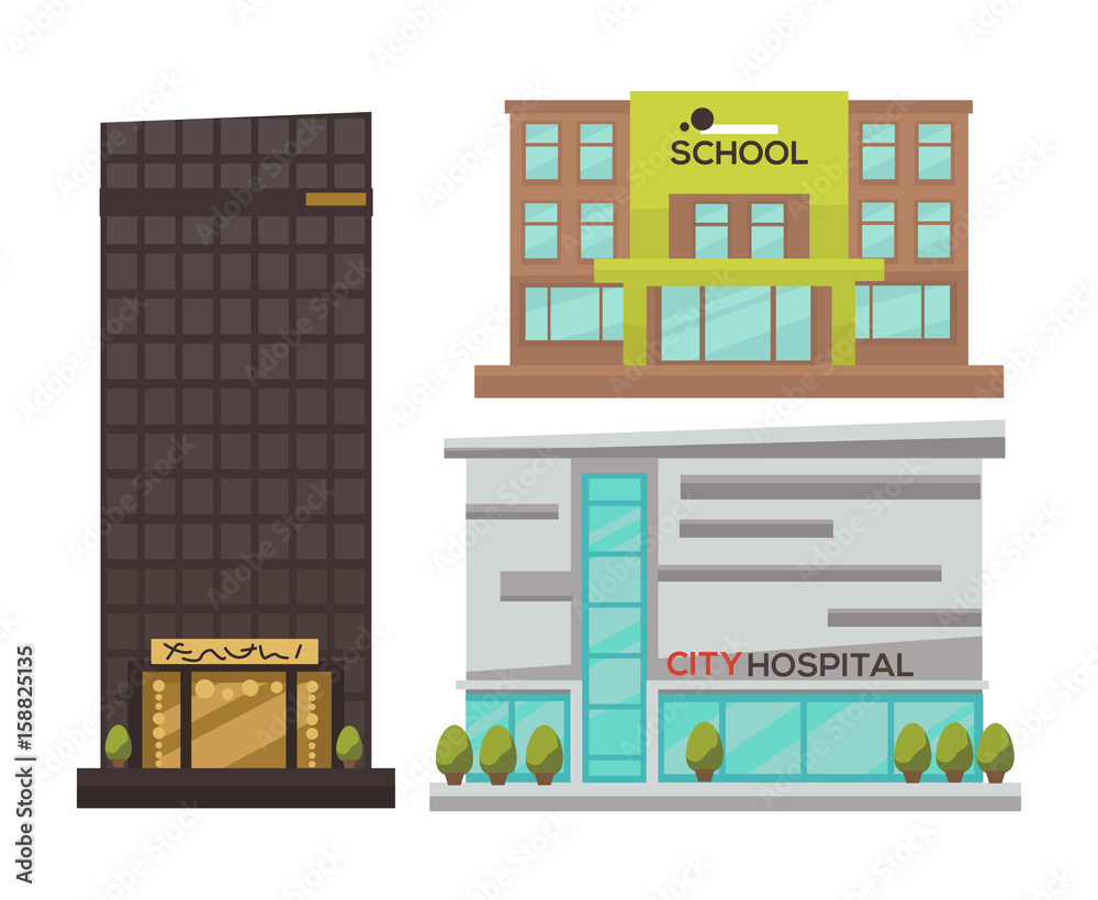 Fototapeta premium Flat vector set of modern urban architecture.