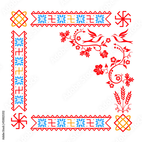 Vector Slavic ornaments. Card with ethnic ornament pattern. Slavic illustration of flower, birds, ukraine  folk, kolovrat. 
