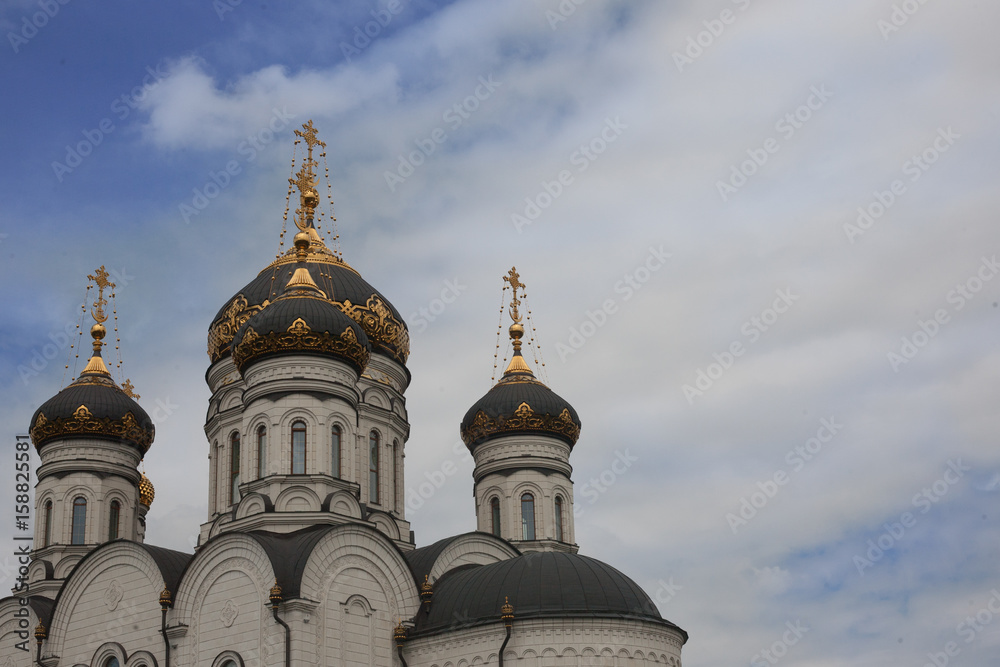 Obraz premium The Epiphany Cathedral. Gorlovka Ukraine. Domes on the blue sky background