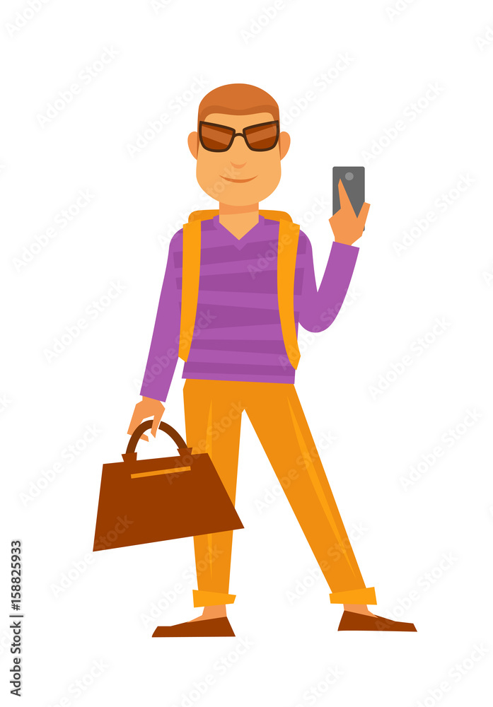 Man with handbag and smartphone vector flat icon travel holiday vacations Man with handbag and smartphone vector flat icon travel holiday vacations