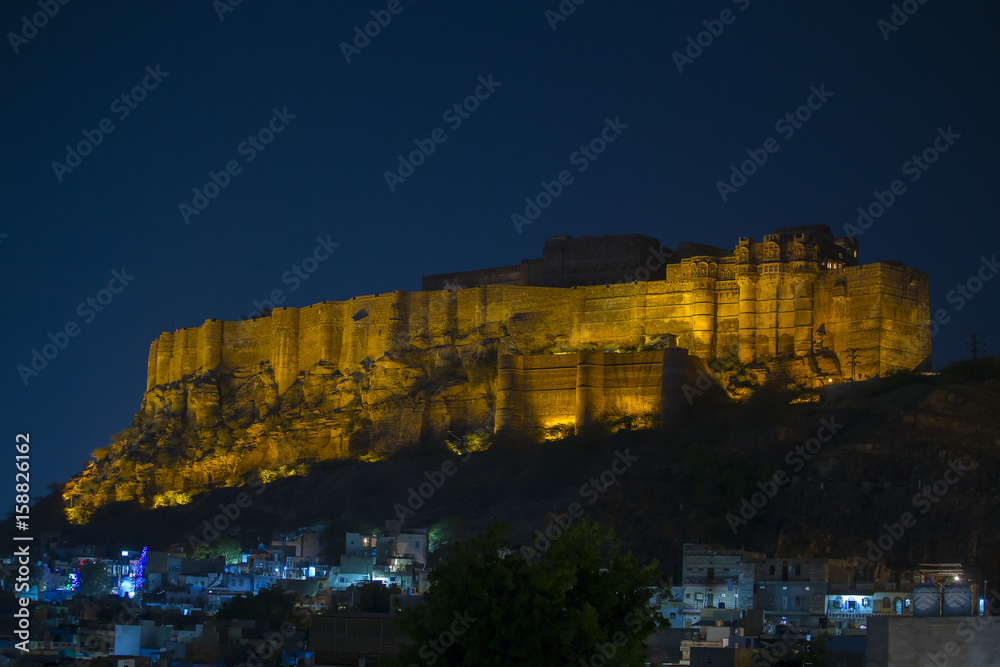 Mehrangarh Fort at night in Jodhpur, India