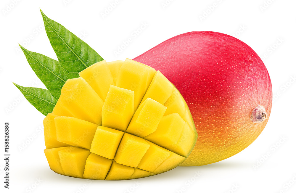 Mango with a leaf exotic friut one cut in half cubes