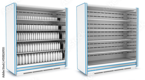 Vertical refrigerator for supermarket. Empty and with bottles and jars. Set of 3d images isolated on white.