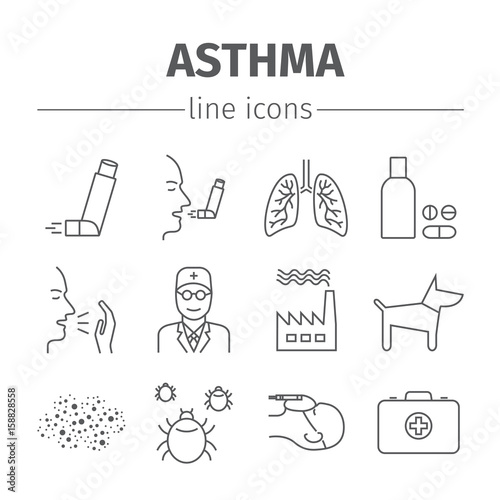Asthma Symptoms and Symbols. Asthma line icons set.