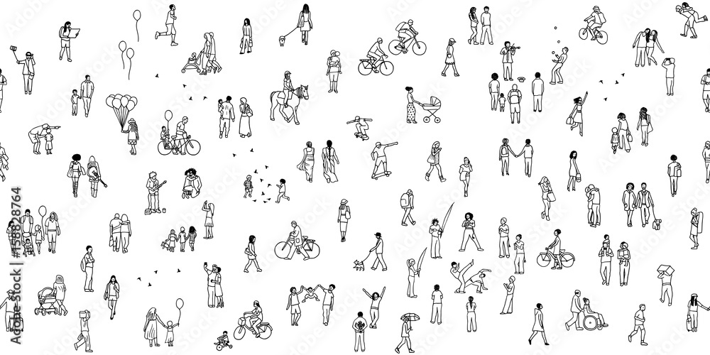 Seamless banner of tiny people, can be tiled horizontally: pedestrians in the street, a diverse collection of small hand drawn men and women walking through the city Seamless banner of tiny people, can be tiled horizontally: pedestrians in the street, a diverse collection of small hand drawn men and women walking through the city