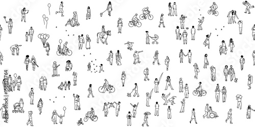Seamless banner of tiny people  can be tiled horizontally  pedestrians in the street  a diverse collection of small hand drawn men and women walking through the city