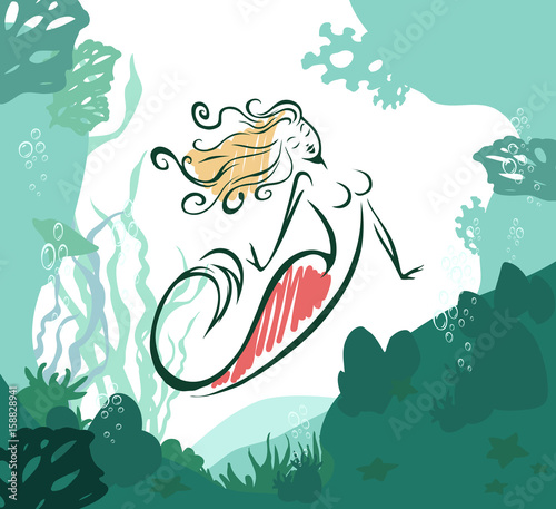 Photos Beautiful cartoon flat illustration of a sea floor with mermaids, corals and sea
