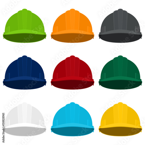 Working Hard Hat in Nine Colors, Multicolored Safety Helmets on a Light Background , Vector Illustration
