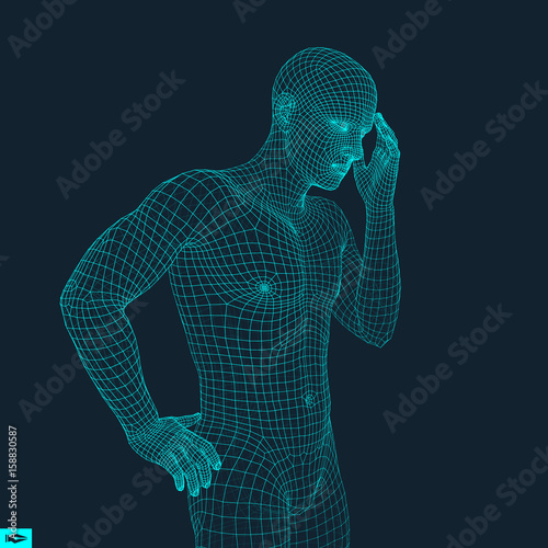 Man in a Thinker Pose. 3D Model of Man. Geometric Design. Business, Science, Psychology or Philosophy Vector Illustration.