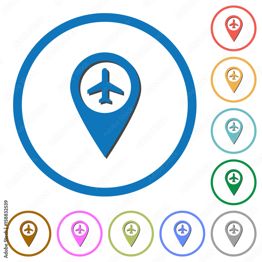 Airport GPS map location icons with shadows and outlines Airport GPS map location icons with shadows and outlines