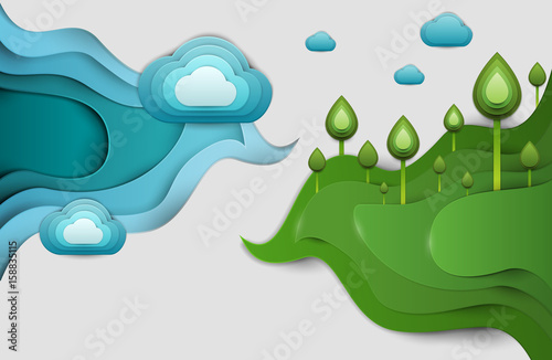 Paper cut cartoon green field with tree and clouds in realistic trendy craft style. Modern origami design. Nature landscape background concept for greeting card, banner. Vector illustration.