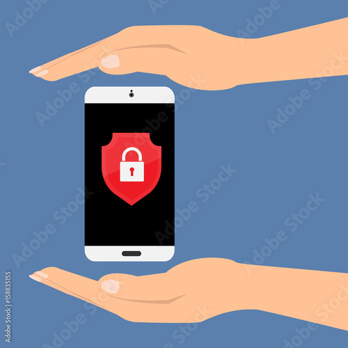 Hands with protect smartphone mobile with shield key lock on screen. Vector illustration customer service care support concept.