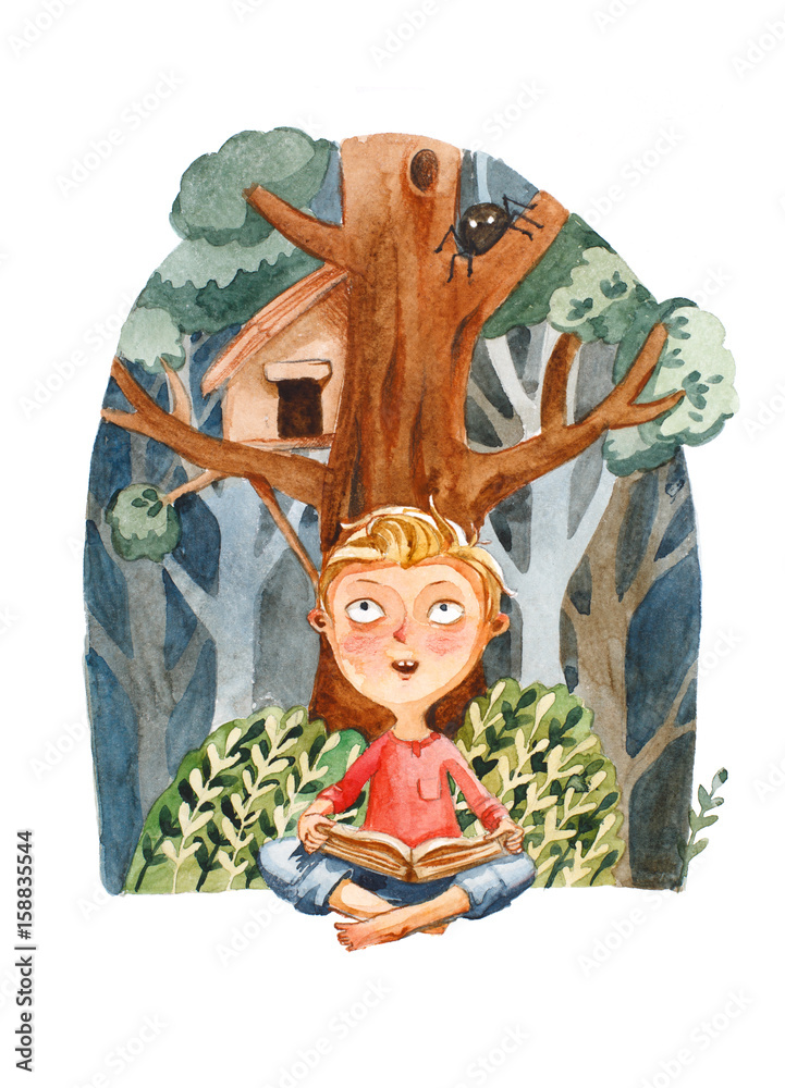 Fototapeta Watercolor illustration. The boy with book dreaming about Adventure in wild forest
