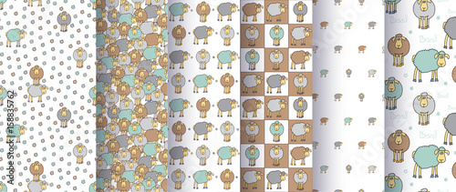 Set of seamless cute patterns with cartoon sheep.