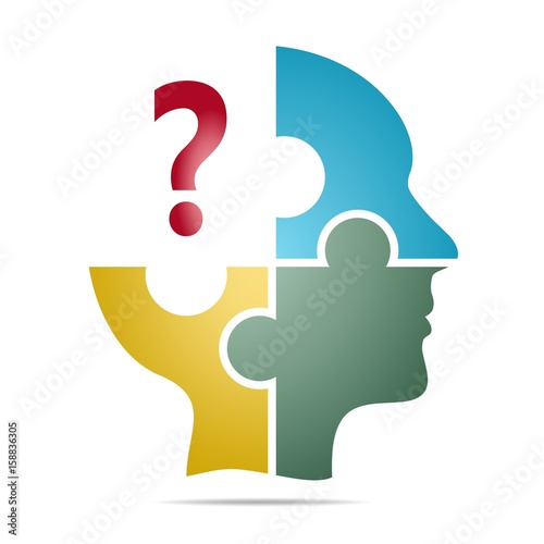 The colored human head composed of blue, yellow and green puzzle pieces with red question mark with gray shadow below the head on a white background. Human head composed of geometric elements 
