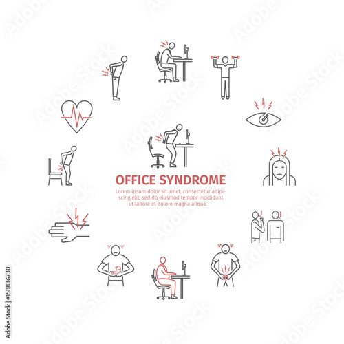 Office syndrome infographic. Line icons set.