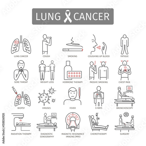 Lung Cancer. . Symptoms, Causes, Treatment. Line icons set. Vector signs
