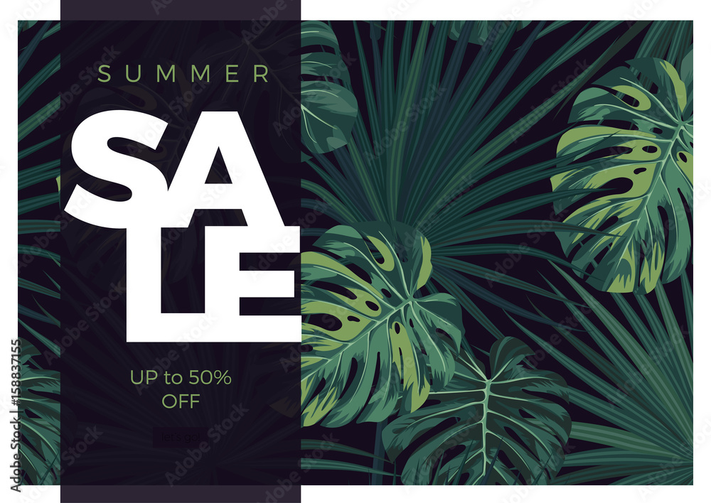 Obraz premium Ciemny wektor tropikalny typografia sprzedaż projekt z zielonymi liśćmi palmowymi dżungli.