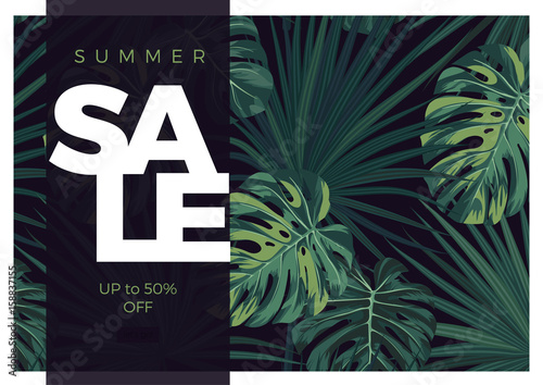 Dark vector tropical typography sale design with green jungle palm leaves. photo