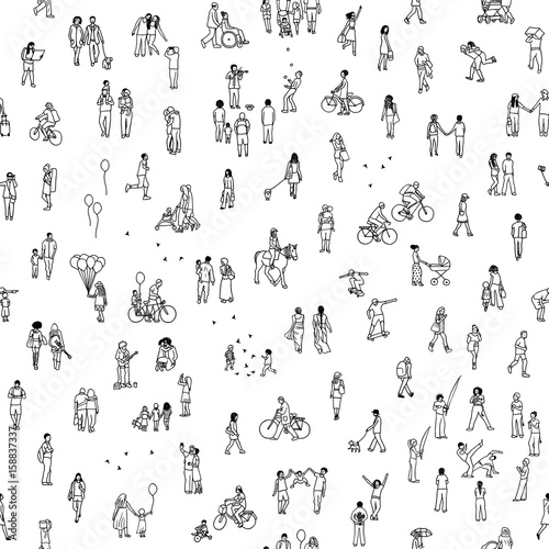 Seamless pattern of tiny people: pedestrians in the street, a diverse collection of small hand drawn men and women walking through the city