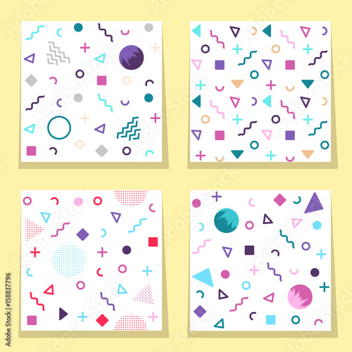 Set of  four white avant-garde seamless patterns with colorful shapes.
