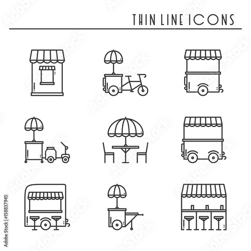 Street food retail thin line icons set. Food truck, kiosk, trolley, wheel market stall, mobile cafe, shop, tent, trade cart. Vector style linear icons. Isolated illustration. Symbols silhouette