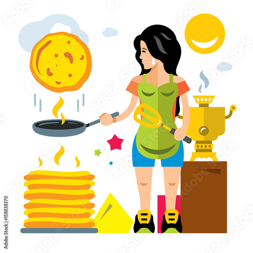 Vector Woman bakes pancakes. Flat style colorful Cartoon illustration.