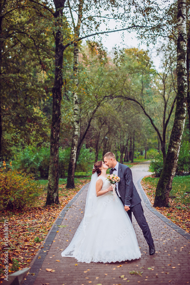 Bride and groom at wedding Day walking Outdoors on autumn nature. Bridal couple, Happy Newlywed woman and man embracing in green park. Loving wedding couple outdoor. Bride and groom