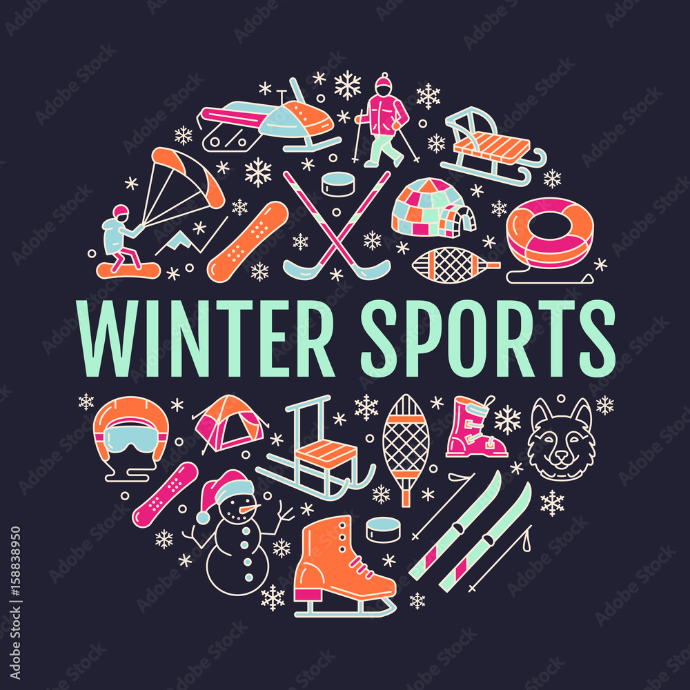 Winter sports banner, equipment rent at ski resort. Vector line icon of skates, hockey sticks, sleds, snowboard, snow tubing hire. Cold season outdoor activities template with place for text.