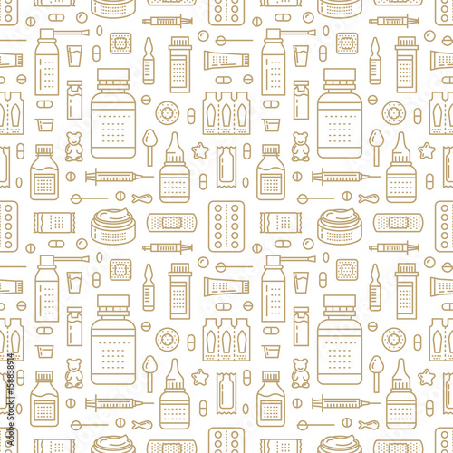 Medical, drugstore seamless pattern, pharmacy vector colored background of pastel beige color. Medicines antibiotics, vitamins, painkillers, pills. Healthcare cute repeated illustration for hospital.