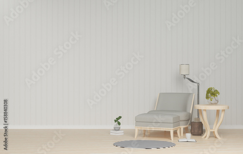 Interior room,armchair and lamp on empty room,vases in the living room,interior background,Scandinavian style living room,3D rendering © kanok