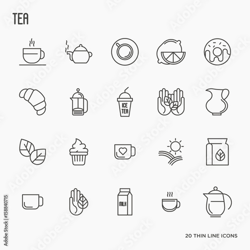 Set of tea and tea drinking related thin line icons. Vector illustration.