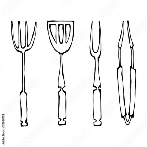 Baking Equipment or Barbeque Tools. Tongs for BBQ, Fork and Spatula. Isolated On a White Background. Realistic Doodle Cartoon Style Hand Drawn Sketch Vector Illustration.