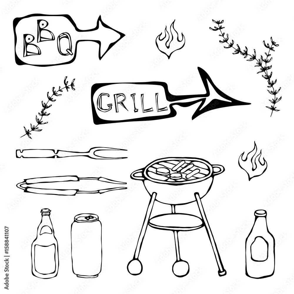 Set of Barbecue Tools: BBQ Fork, Tongs, Grill with Meat, Fire, Beer Bottle, Can, Herbs. Isolated On a White Background. Realistic Cartoon Style Hand Drawn Sketch Vector Illustration. Stock-vektor