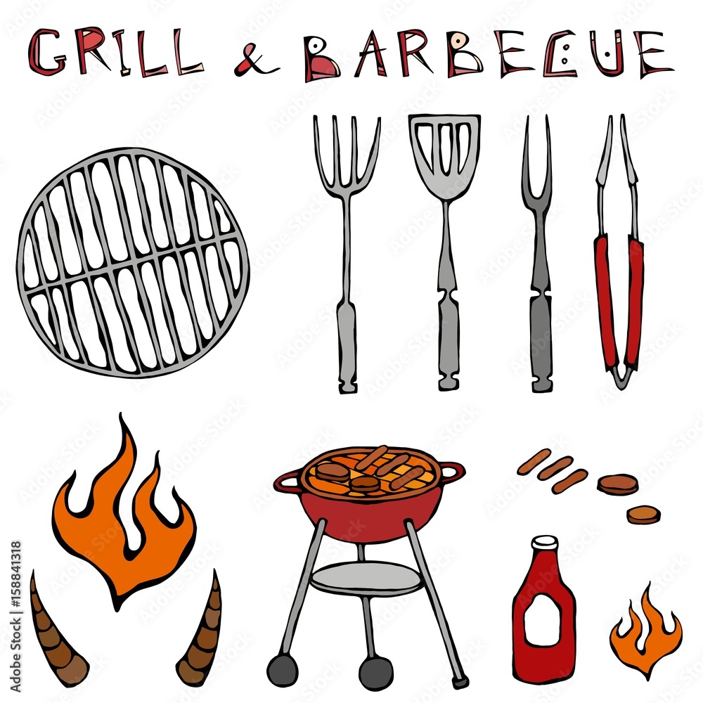 Vecteur Stock Set of Barbecue Tools: BBQ Fork, Tongs, Grill with Meat,  Fire, Ketchup, Bull Horns. Isolated On a White Background. Realistic Doodle  Cartoon Style Hand Drawn Sketch Vector Illustration. | Adobe