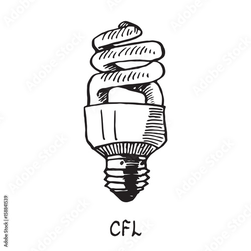 CFL lamp type, woodcut style design, hand drawn doodle, sketch in pop art style, isolated vector illustration