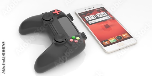 Video games console controller and a smartphone. 3d illustration