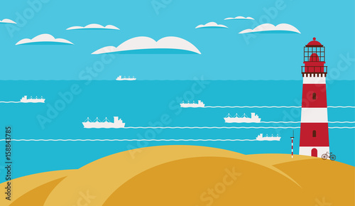Seascape with lighthouse on the hill above the water. Vector illustration with hills, sea, ships and sky with clouds in flat style.