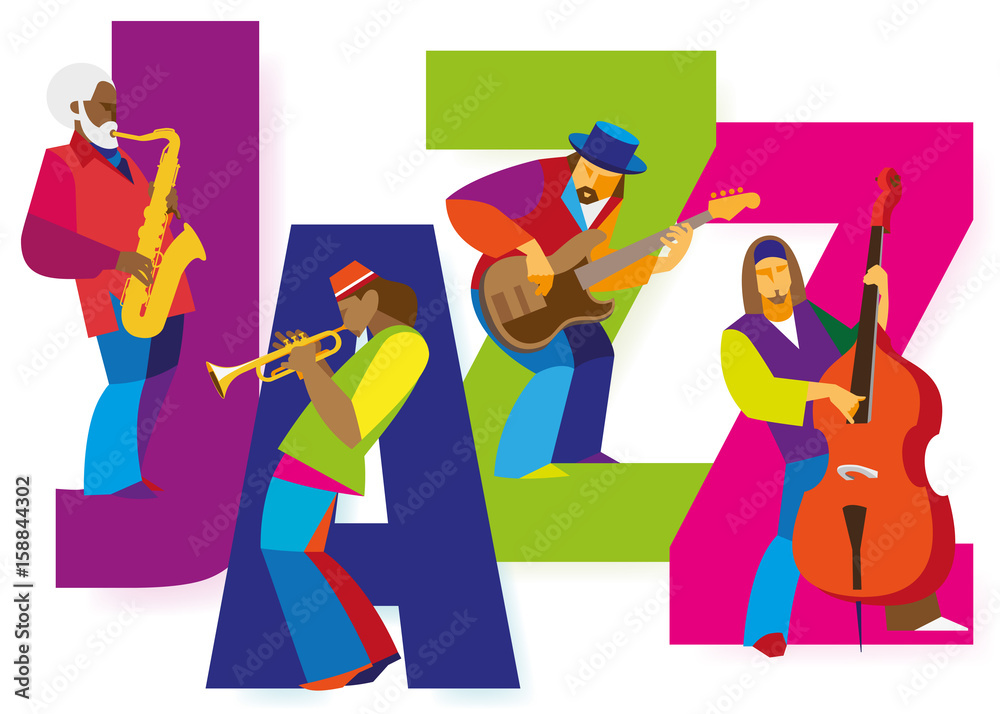 group of 4 musicians playing jazz. Saxophonist, trumpeter, guitarist and cellist. Isolated figures